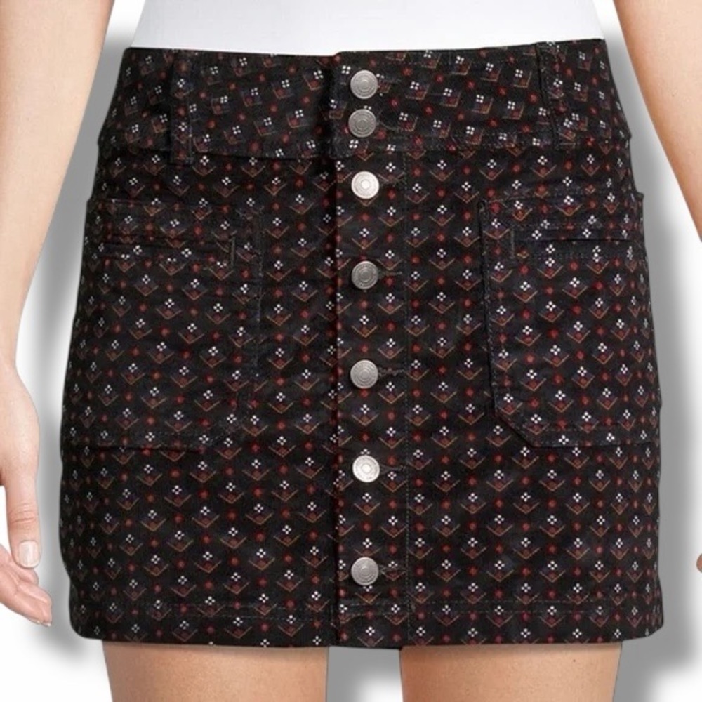 We The Free ‘Joanie’ Button-Up Corduroy Mini Skirt in Boho “Black Combo” Size 26